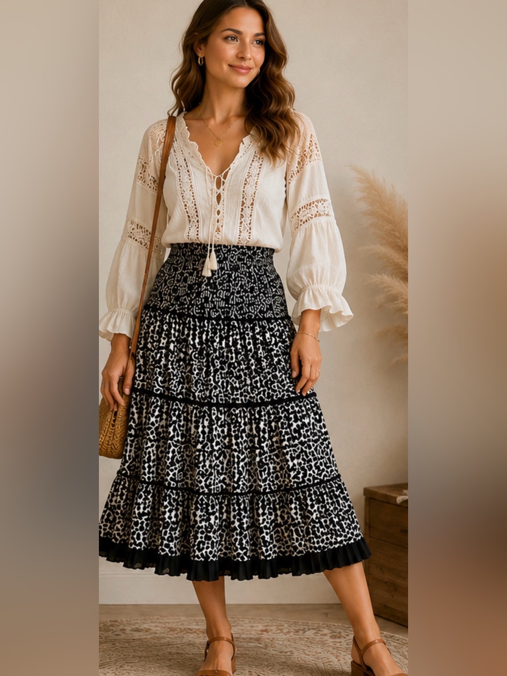 Jones New York Signature Black & White Tiered Chiffon‎ Midi Skirt Size M